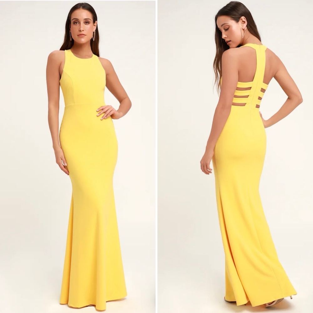 Lulus Yellow Backless Maxi Dress Size S Small Strappy Cut Out Back Wedding Guest